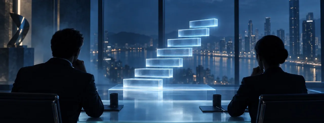 Two advisers across a glass table with a seven-step model between them