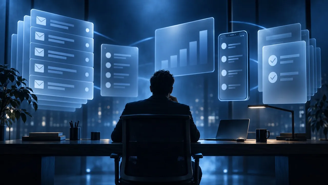 A business owner at a desk surrounded by inbox, phone and approval requests